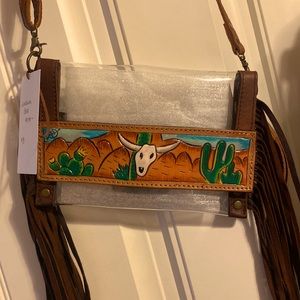 NWT stadium leather fringe crossbody/wristlet bag